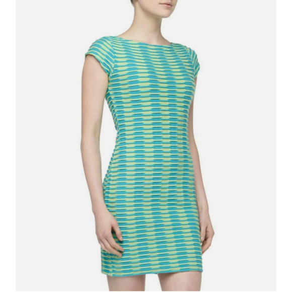 Y2K Catherine Malandrino size S Striped Knit Dress Green Blue BodyCon Textured - Picture 2 of 11